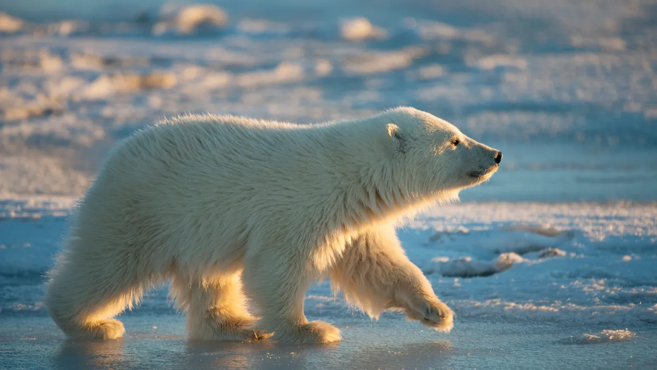 Polar bear cub walking across pack ice, Arctic National Wildlife Refuge, Alaska, United States