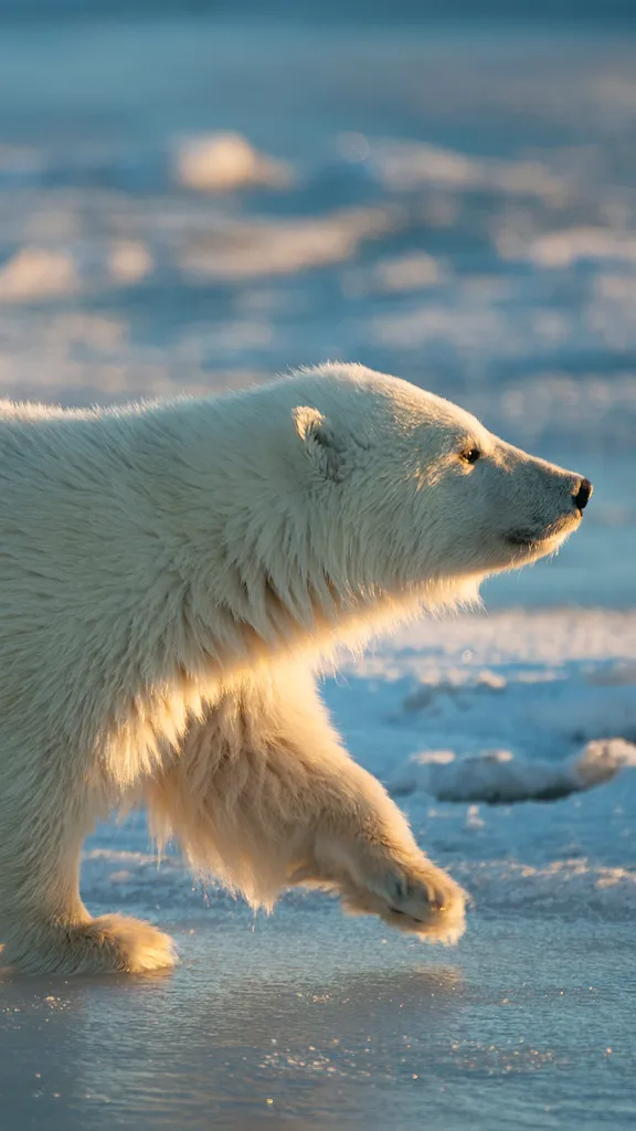 Polar bear cub walking across pack ice, Arctic National Wildlife Refuge, Alaska, United States